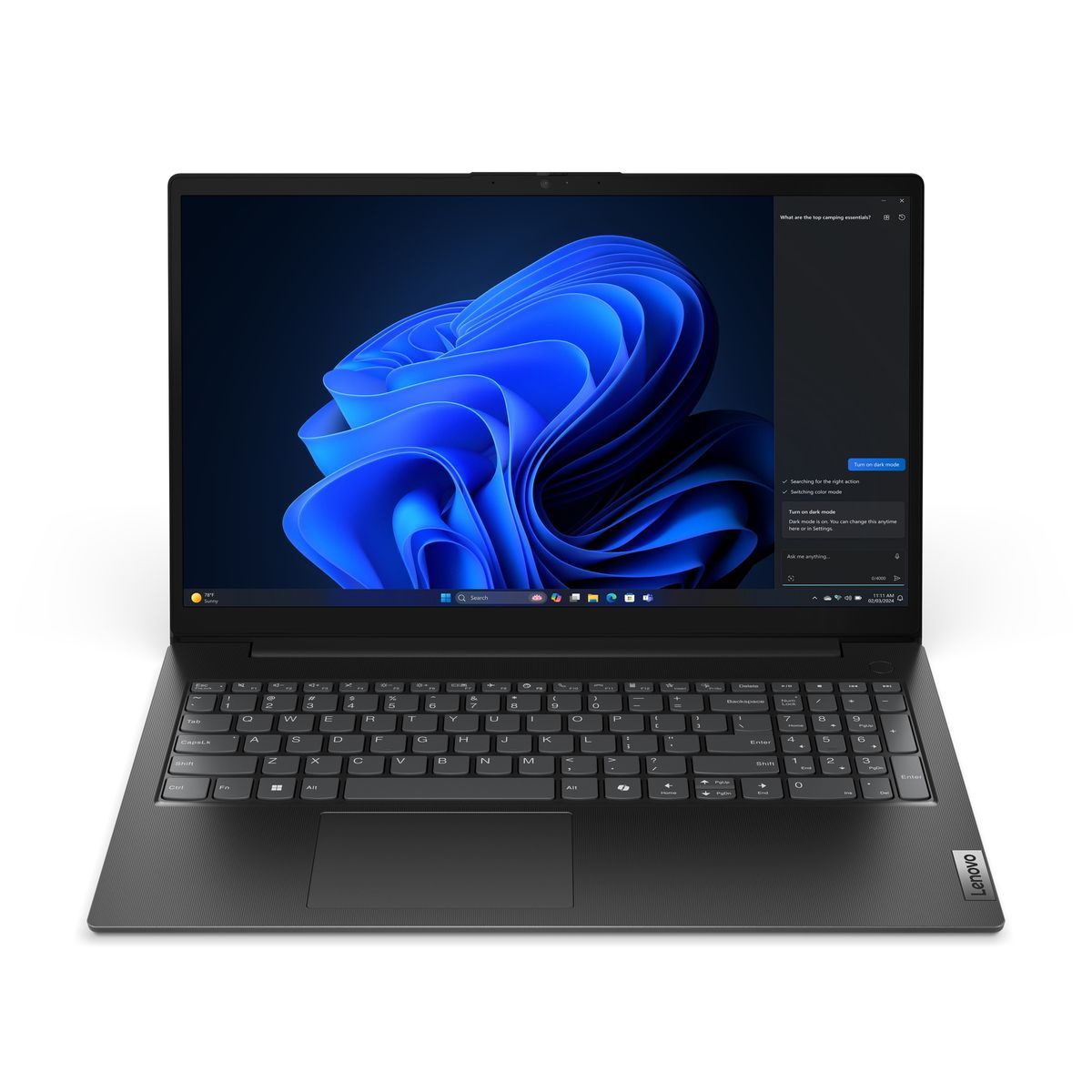 Portatile Lenovo V15 G5 IRL nero aperto, con schermo Windows 11 e tastiera numerica